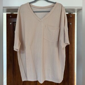 SHEIN Cream Ribbed V-Neck Blouse